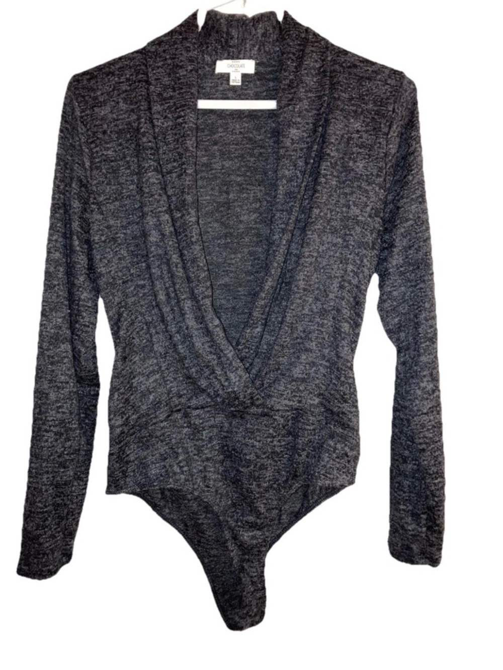 Chocolate USA Womens Long Sleeve V-Neck Bodysuit Large Charcoal Stretch Knit NWT